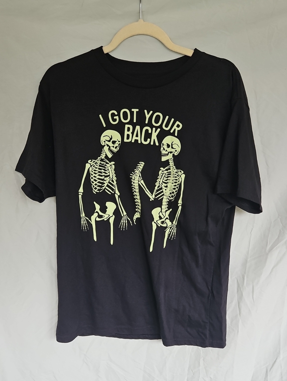 Men's Black Graphic Tee - 'I Got Your Back' Skeleton Print, Size L